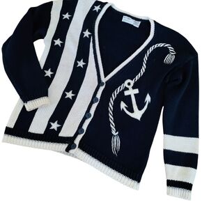Vintage Maggie Lawrence Nautical Knit Cardigan Sweater Anchor Old Money Marine